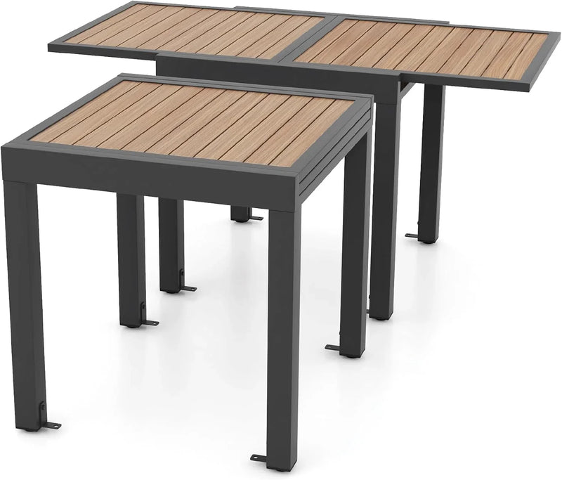 Extensible outdoor dining table, patio table, all-weather aluminum frame, large rectangular lawn backyard garden terrace dining table, suitable for 4 to 6 people, dark gray (dark gray, slatted tabletop) Q4780