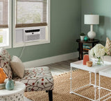 5000-watt window air conditioner, with a cooling area of 250 square feet, operates quietly, has easy and convenient temperature adjustment, 2 fan speeds, automatic restart function, and a white appearance