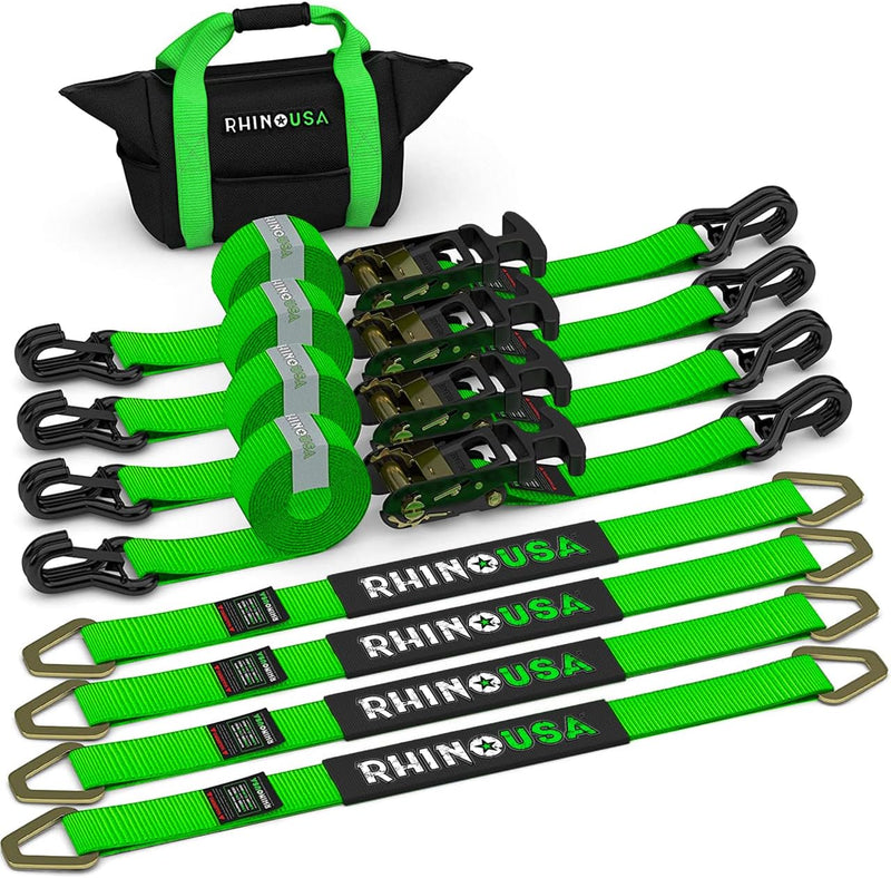 Car Tie Down Straps for Trailers with J Hooks (4-Pack) - 2 Inch x 8 Feet (10,000lb Break Strength) - Heavy Duty T-Handle Car Hauler Tire Straps for Trailer & UTV with Axle Straps - Black T137