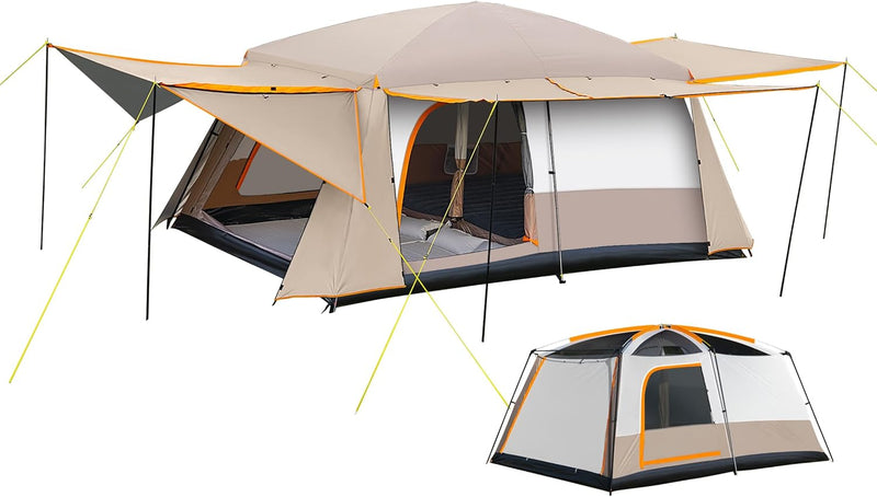 Camping Tent, 4-6 Person Family Cabin Tents, Large Waterpoof Tents for Camping Outdoor, 210D Oxford Fabric Blackout Foldable Sunburn Prevention Tent with 2 Rooms, 3 Foyers for Picnic Khaki X5717