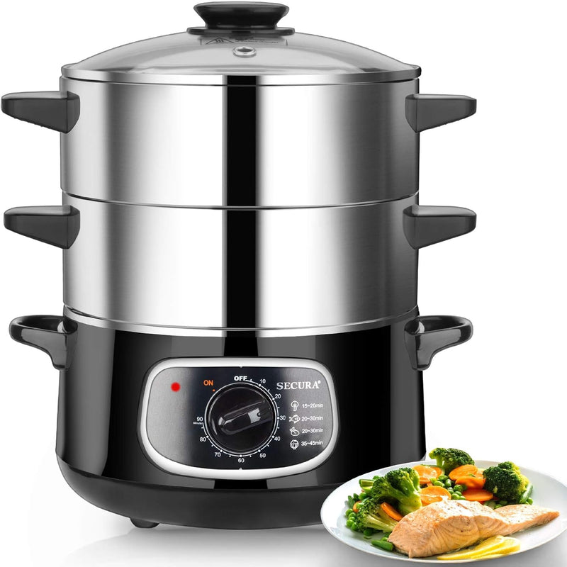 2 stainless steel food steamers, 8.5 liters capacity, electric glass-covered vegetable steamer, double-layer stackable steaming basket, with timer included C6444