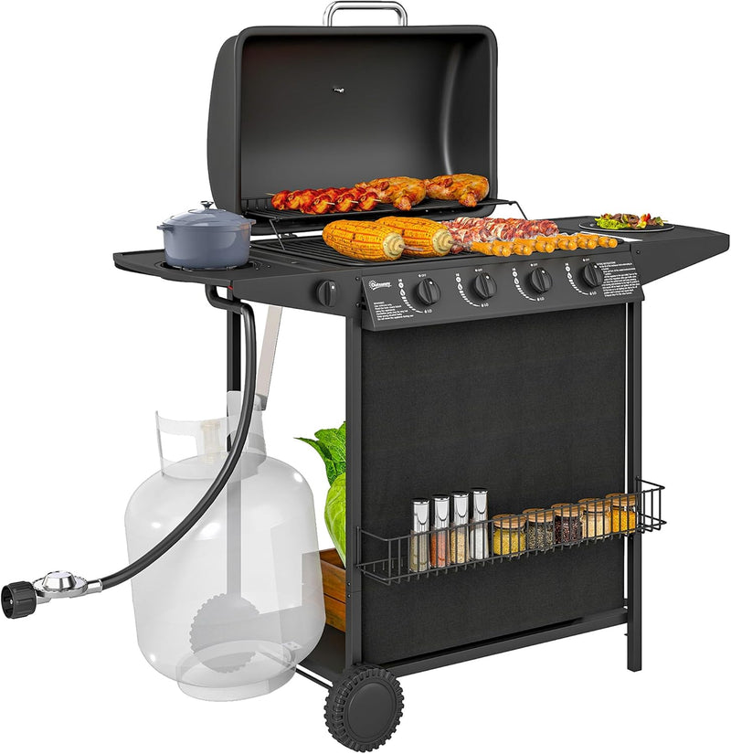 4 1 Burner Propane Gas BBQ Grill, Portable Gas Barbecue Grill with Side Burner, Thermometer, Lid, Side Table, Shelf, Spice Rack, Wheels, Grease Cup for Garden, Black C4757