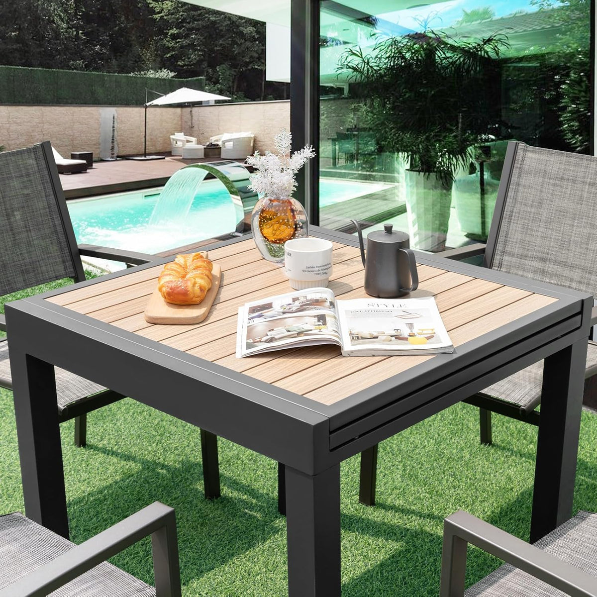 Extensible outdoor dining table, patio table, all-weather aluminum frame, large rectangular lawn backyard garden terrace dining table, suitable for 4 to 6 people, dark gray (dark gray, slatted tabletop)