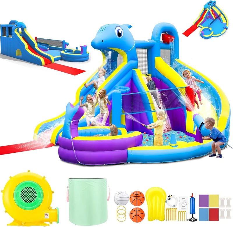 11-in-1 Inflatable Water Slide & Dolphin Bounce House w/2 Long Slides, 19.7 Ft x 13.1 Ft Extra Large Waterslide Climbing Wall w/Small Deeper Pool,Water Cannons,Hoop for Kids Backyard,550W Blower L9733