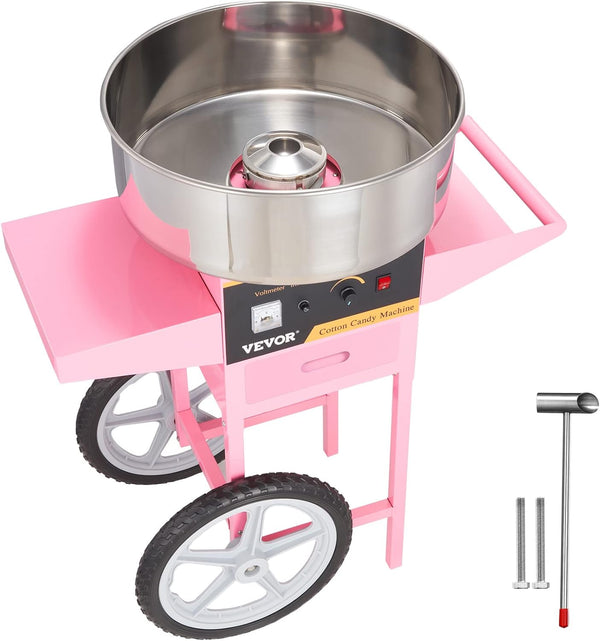 Electric Cotton Candy Machine with Cart, 1000W Commercial Floss Maker with Stainless Steel Bowl, Sugar Scoop and Drawer, Perfect for Home, Kids Birthday, Family Party, Pink D2536