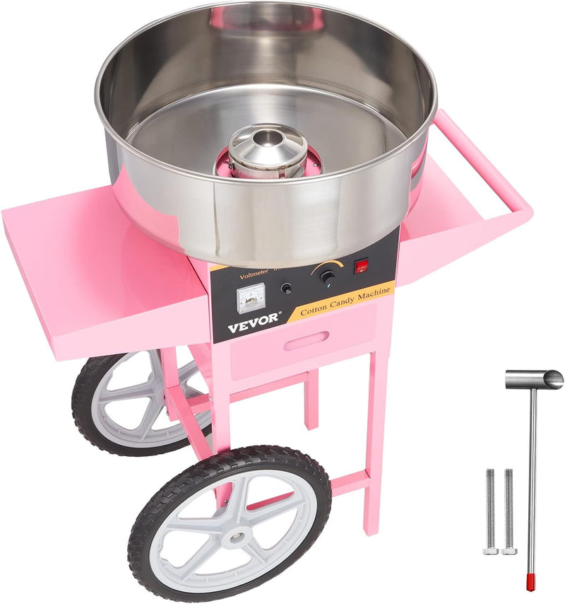 Electric Cotton Candy Machine with Cart, 1000W Commercial Floss Maker with Stainless Steel Bowl, Sugar Scoop and Drawer, Perfect for Home, Kids Birthday, Family Party, Pink D2536