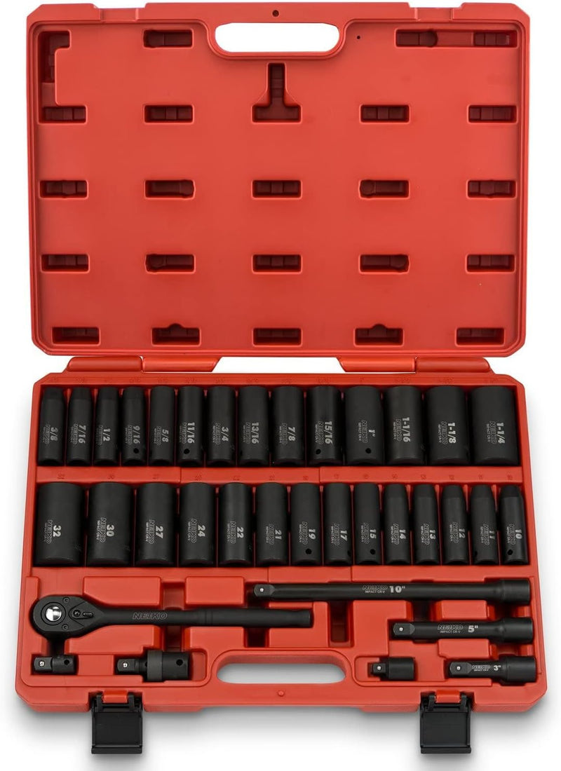 02448A 1/2" Drive Master Impact Socket Set, 65 Piece, Standard SAE (3/8"-1-1/4") & Metric (10-24 mm) Sizes, Deep & Shallow Kit, Includes Adapters & Ratchet Handle B9366