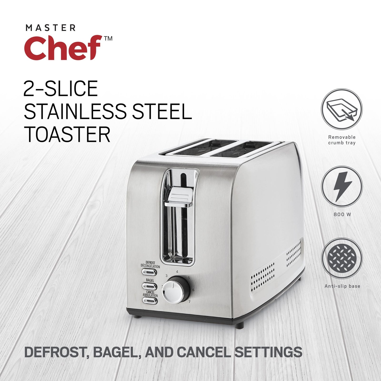 Stainless Steel Toaster with 3 Settings, 2-Slice
