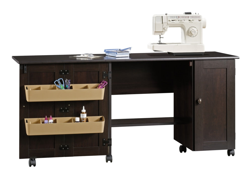 Folding Sewing & Craft Table/Storage Cart with Locking Wheels, Cinnamon Cherry Finish