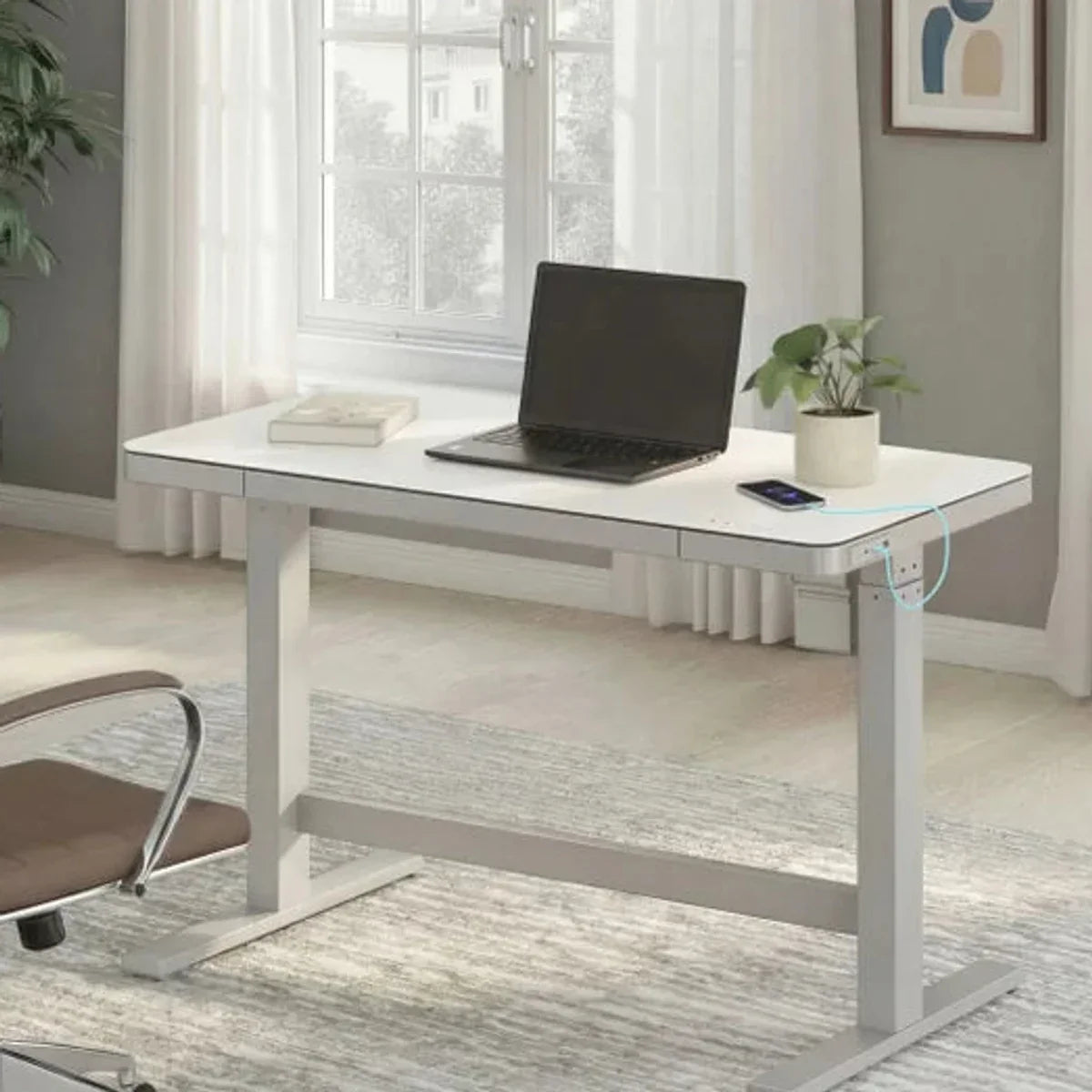 Tresanti Tessa 119.4 cm (47 in.) Adjustable Height Desk with LED Lighting, White