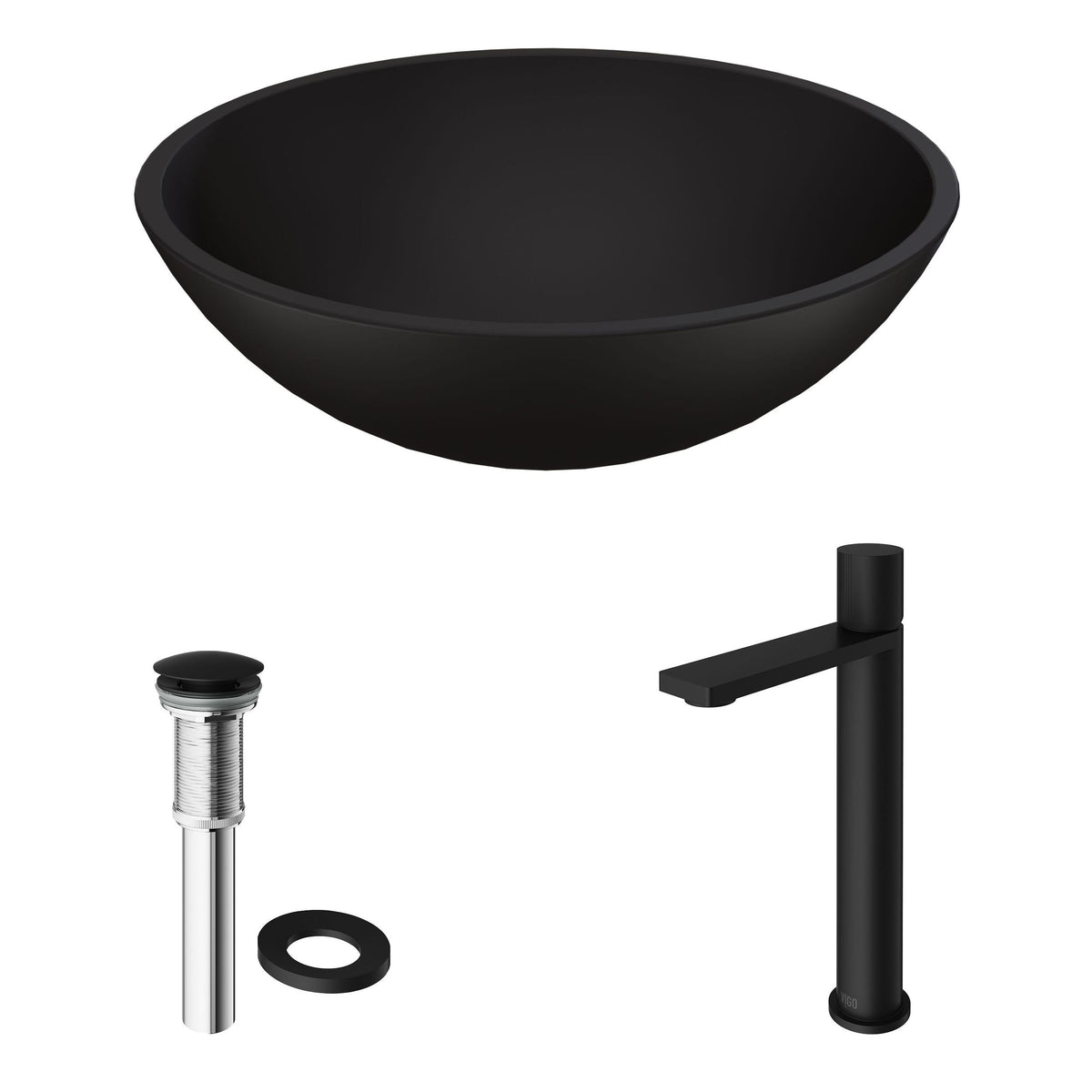 Cavalli Matte Black Bathroom Sink/Basin Set with Gotham Faucet and Round Glass Vessel